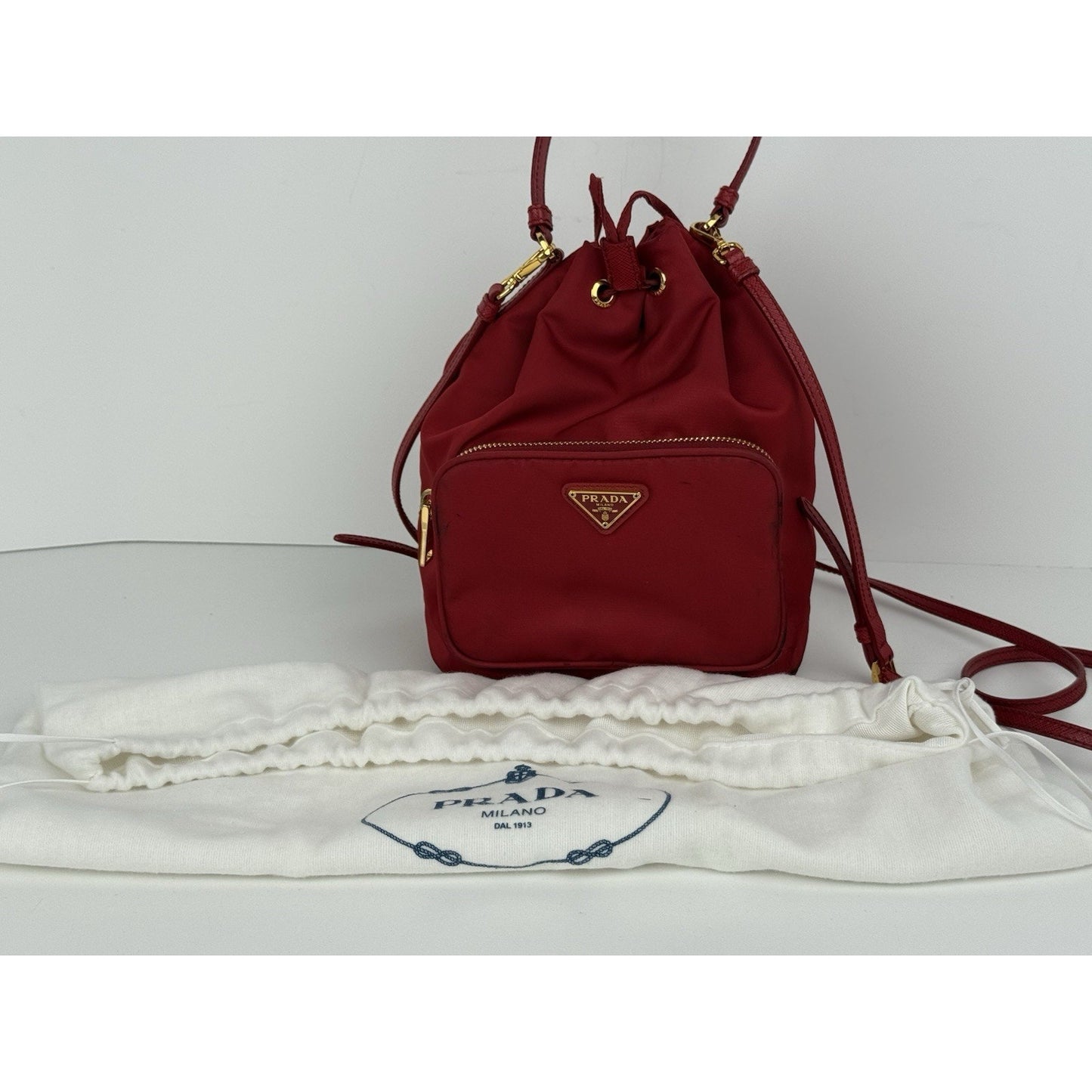 Prada Re-Nylon Alabastro Red Saffiano Duet Bucket Backpack