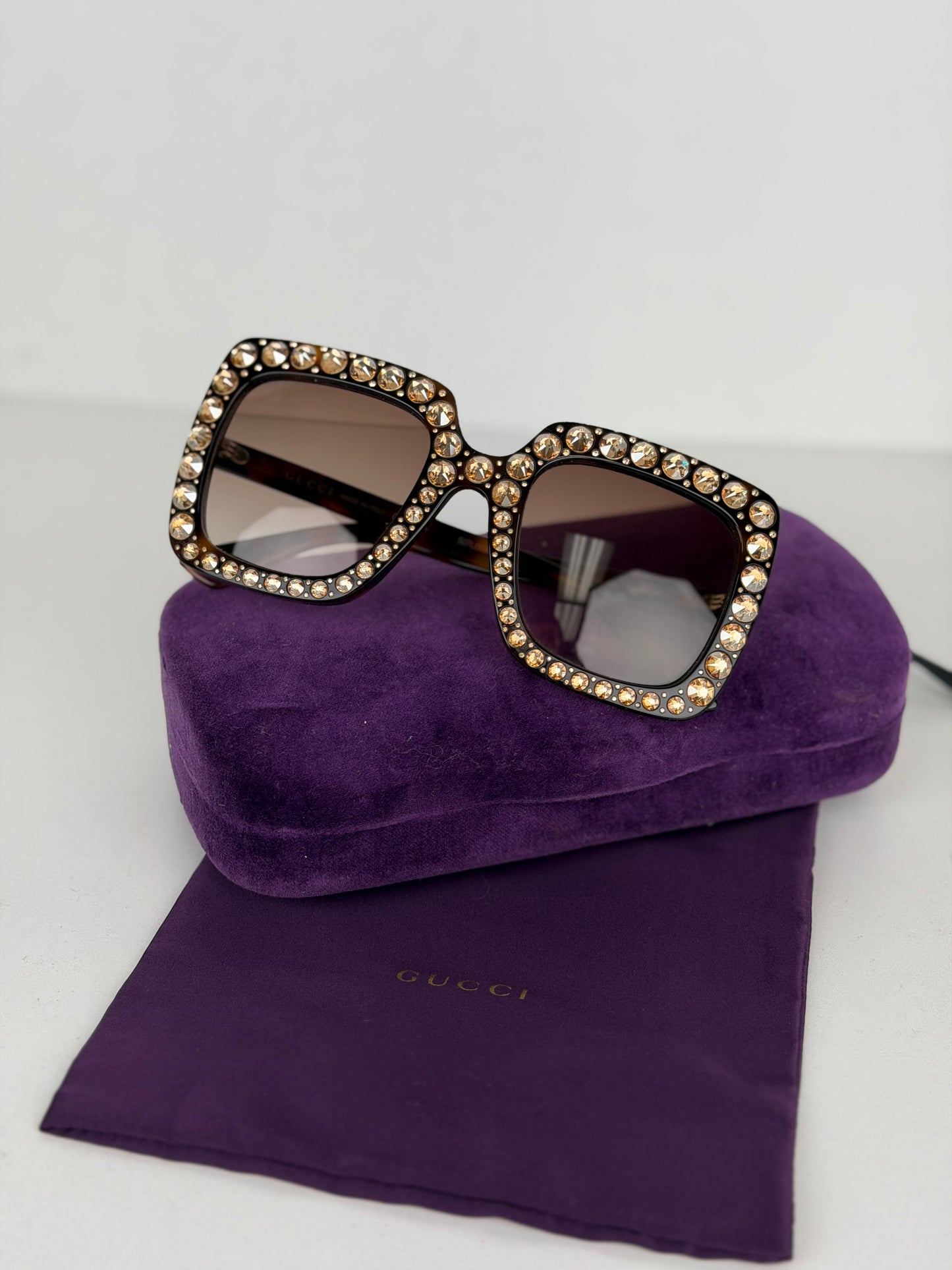 Gucci GG0148S Oversized Square Sunglasses in Tortoise Frame with Crystal Accents YK-3