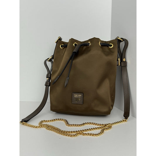 Tom Ford Small Disco Bucket Bag Nylon Khaki Green with Gold Hardware