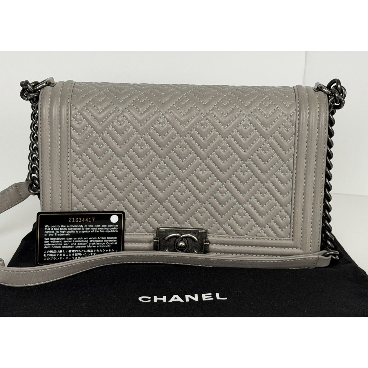 Chanel Boy Bag with Geometric Quilted Pattern in Gray Leather
