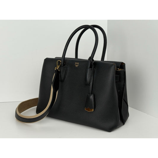 MCM Metallic Grained Black Calfskin Medium Milla Tote Spike Silver