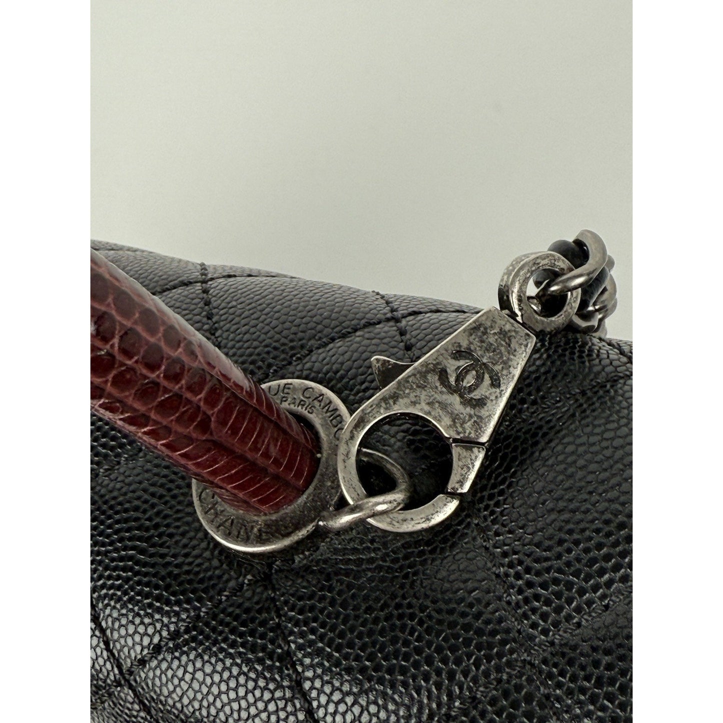 Chanel Caviar Lizard Quilted Larg Coco Handle Flap Black Top Handle Shoulder Bag