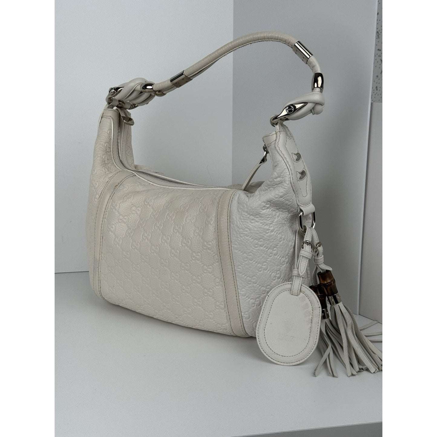 Gucci Guccissima Medium Techno Horsebit Hobo White Leather