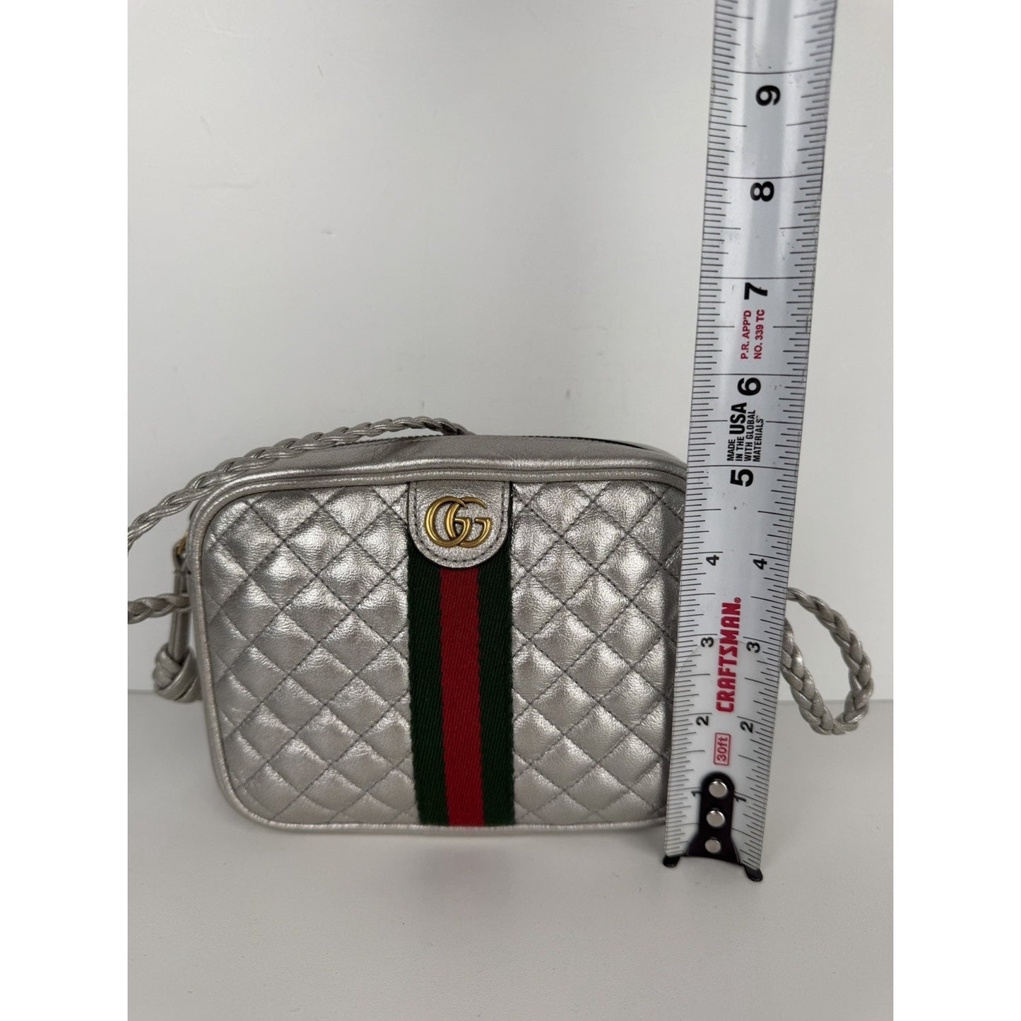 Gucci Web Ophidia Trapuntata Camera Bag Mini Quilted Silver Metallic Leather S