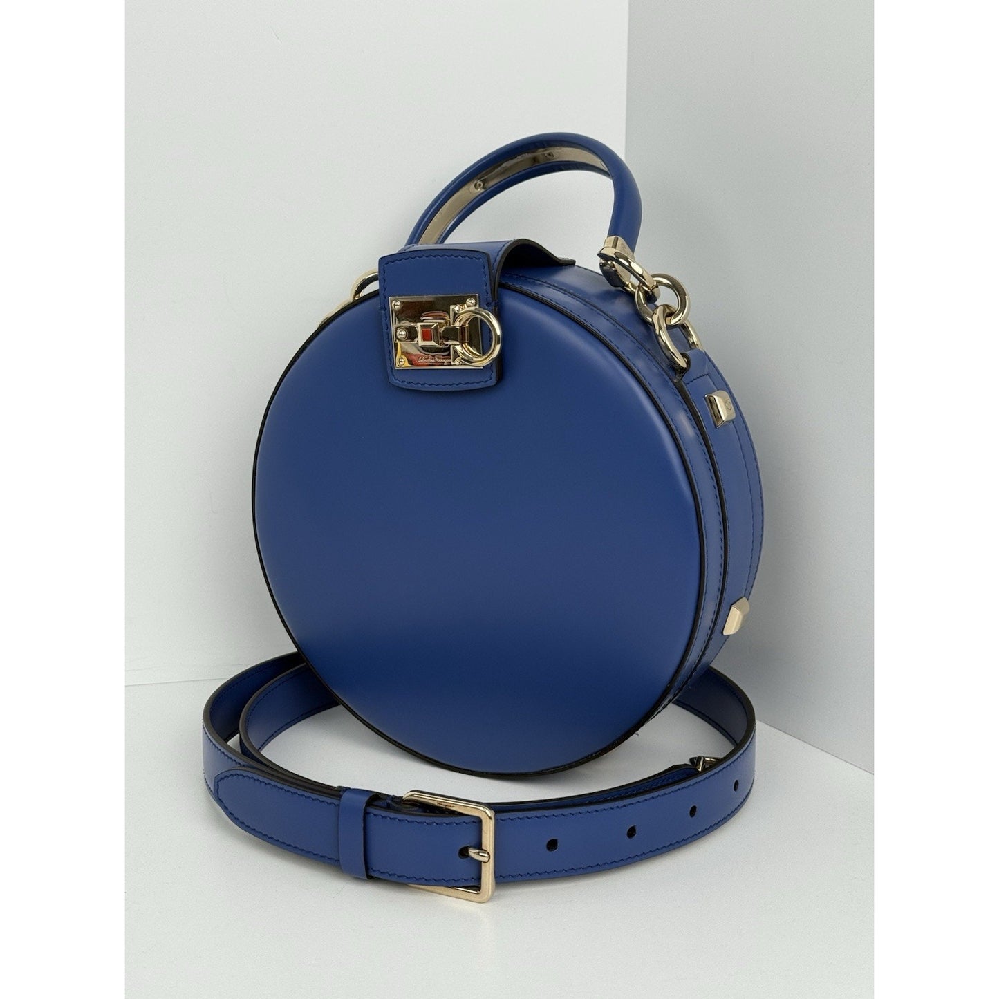Salvatore Ferragamo Studio Round Bag Blue Leather with Gold Hardware