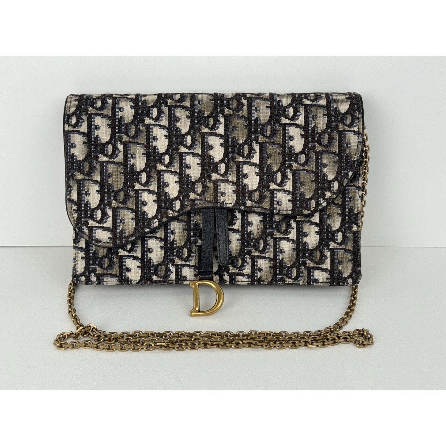 Blue Dior Oblique Jacquard Medium Saddle Pouch with Chain