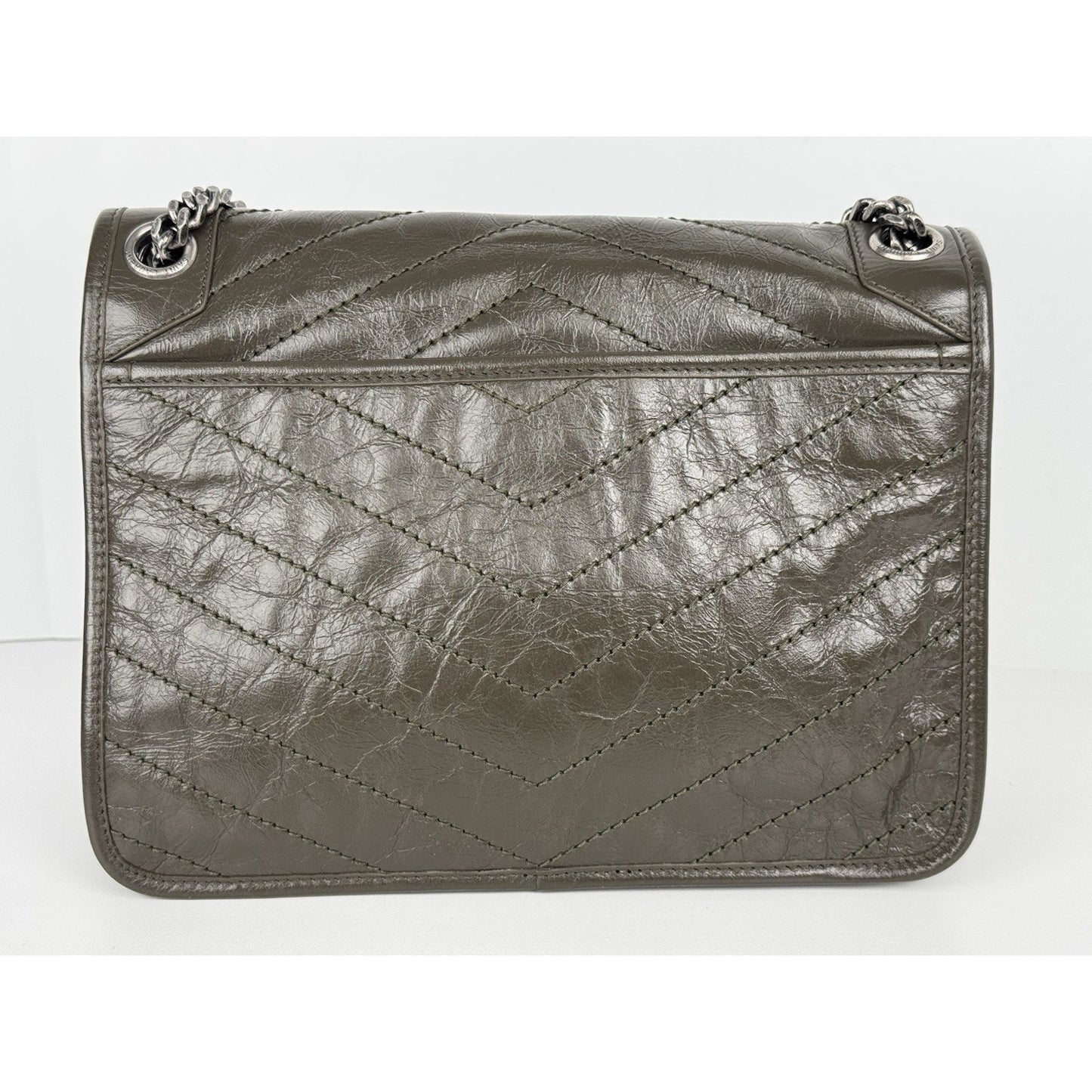 Saint Laurent Niki Medium Crinkled Matelassé Chain Satchel Dark Green C-6