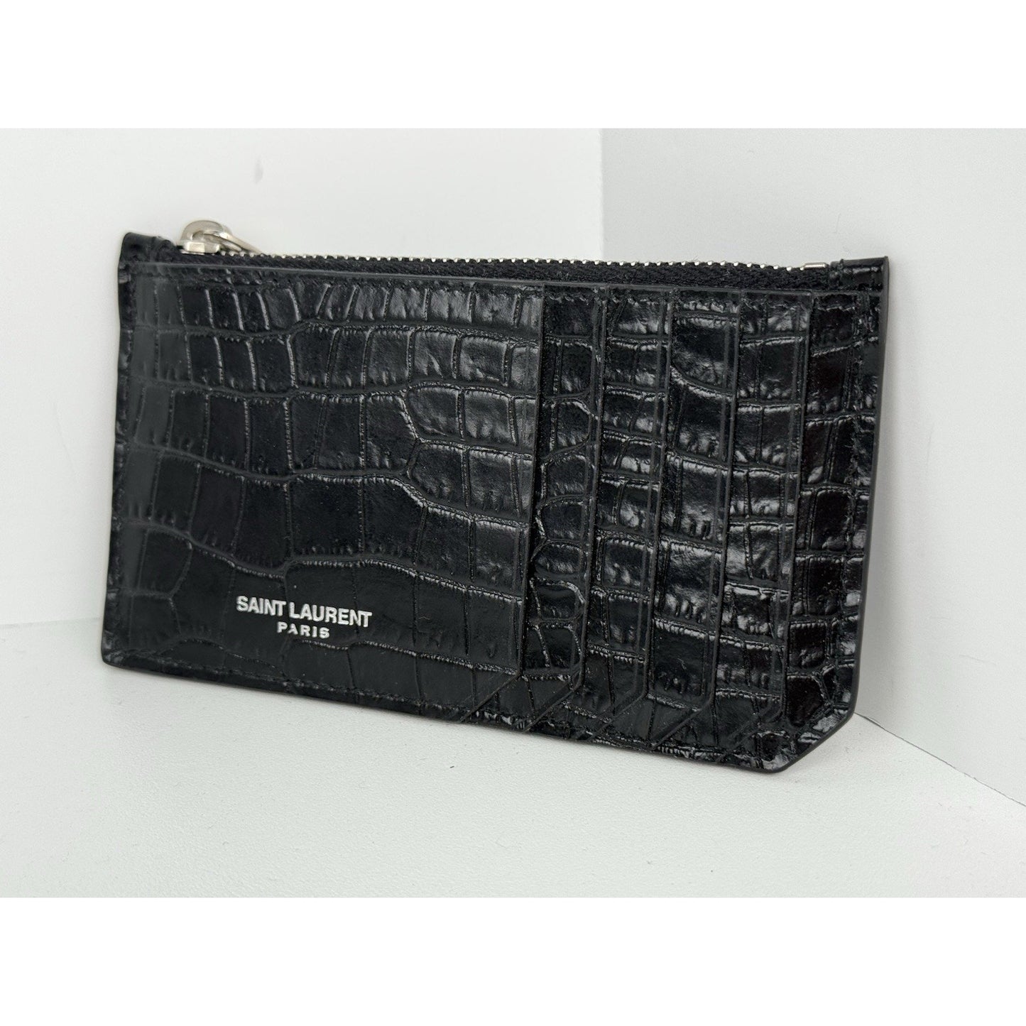 Saint Laurent Calfskin Crocodile Embossed 5 Fragments Zip Card Holder