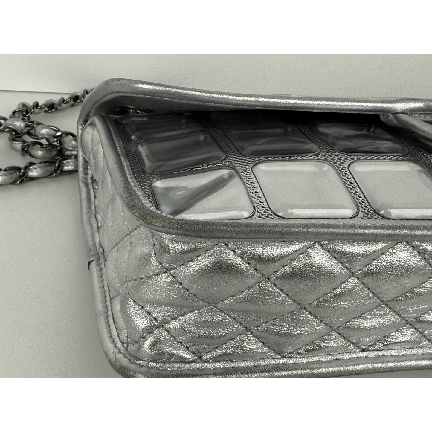Chanel Classic Flap Ice Cube Chocolate Bar Metallic Silver PVC with Leather Trim