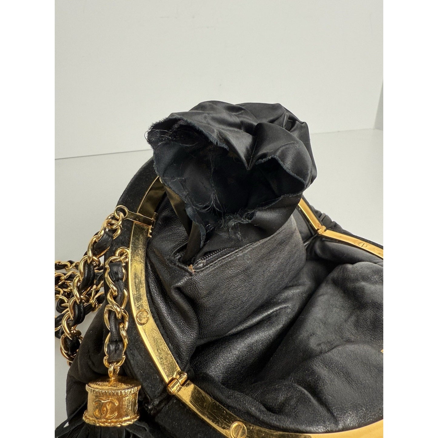 Chanel CC Matelassé Fringe Chain Shoulder Vintage Bag Black with Gold Hardware