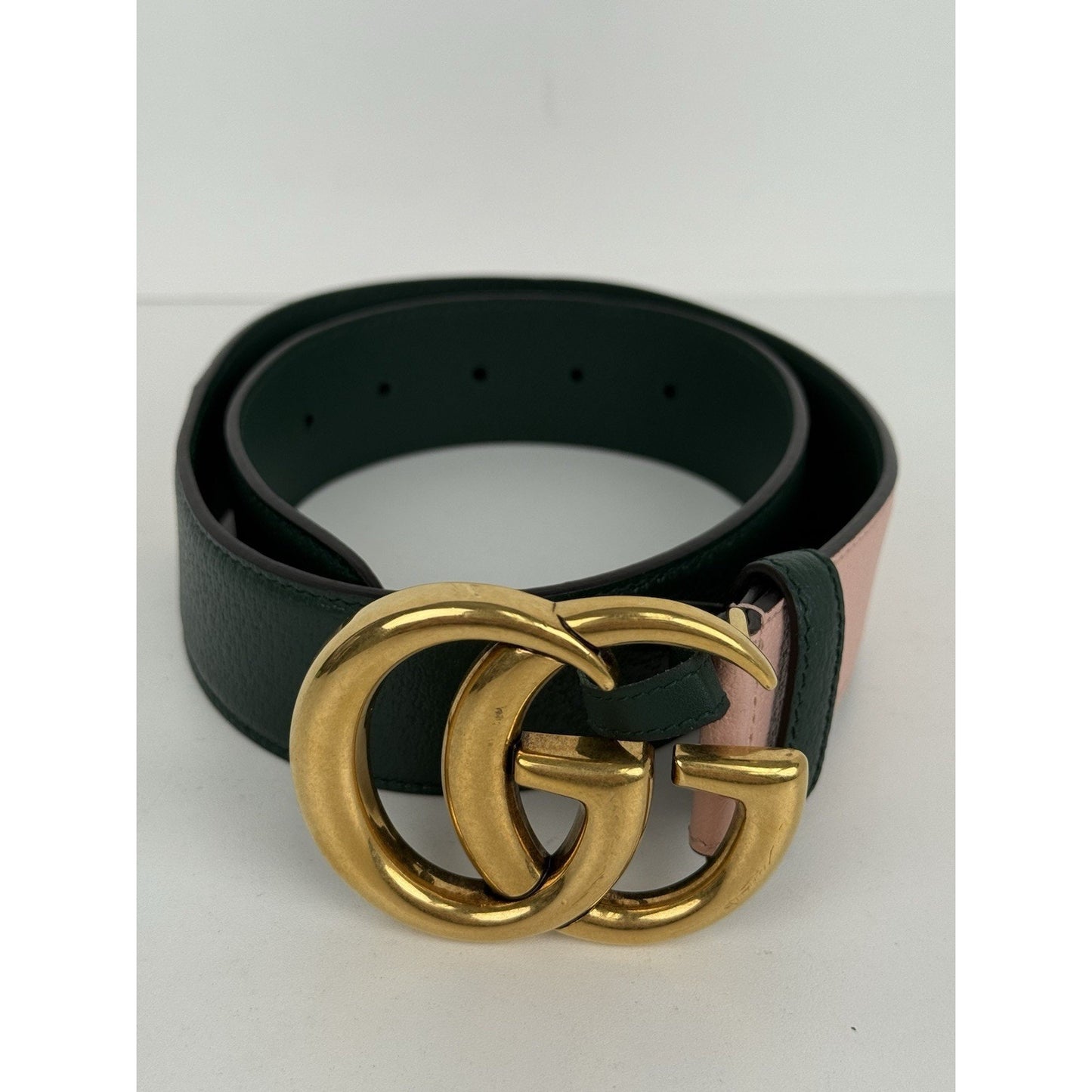 Gucci Double G Memorable Buckle Belt Pink and Green with Gold Hardware