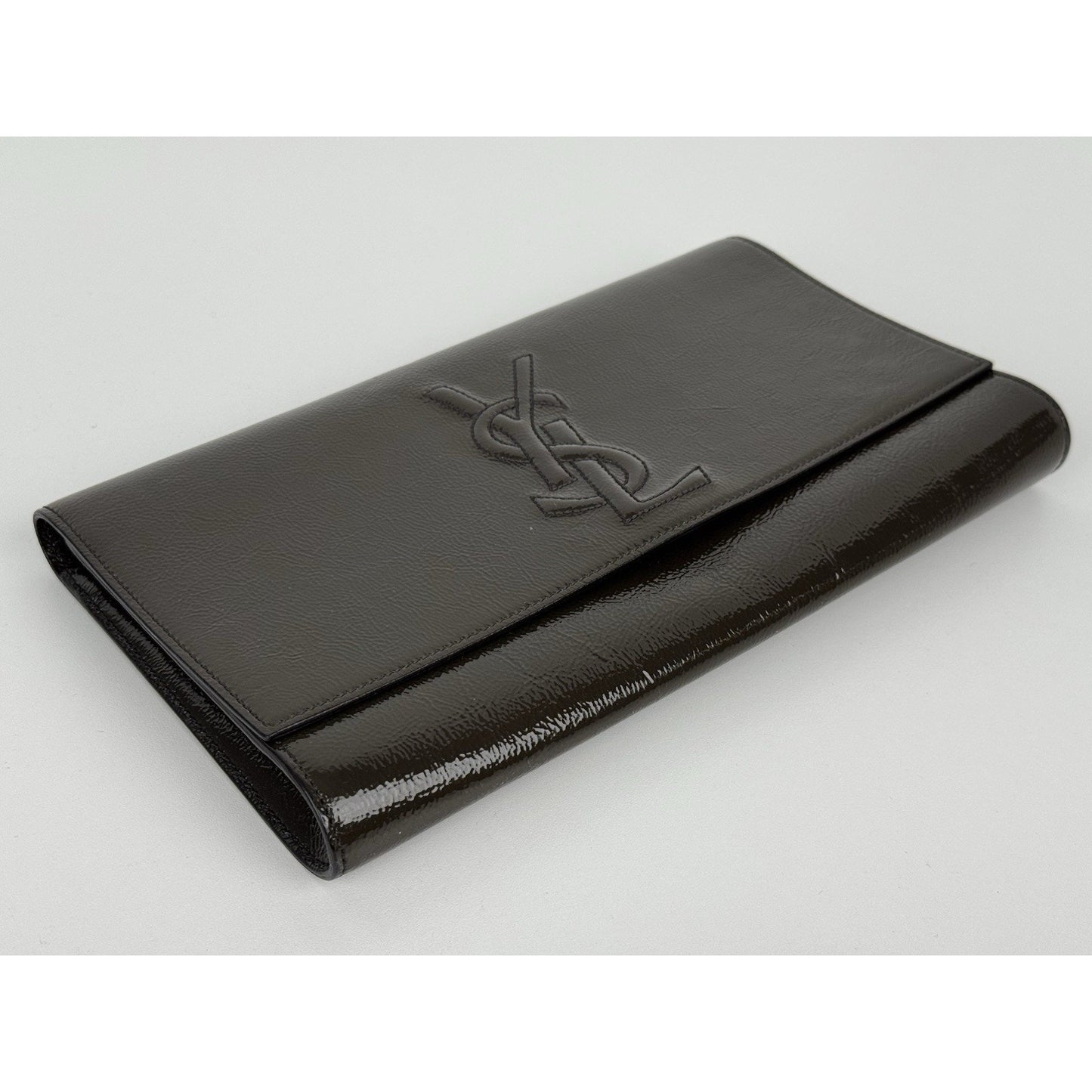 Saint Laurent Belle De Jour Patent Leather Flap Clutch Khaki w Gold Hardware C-6