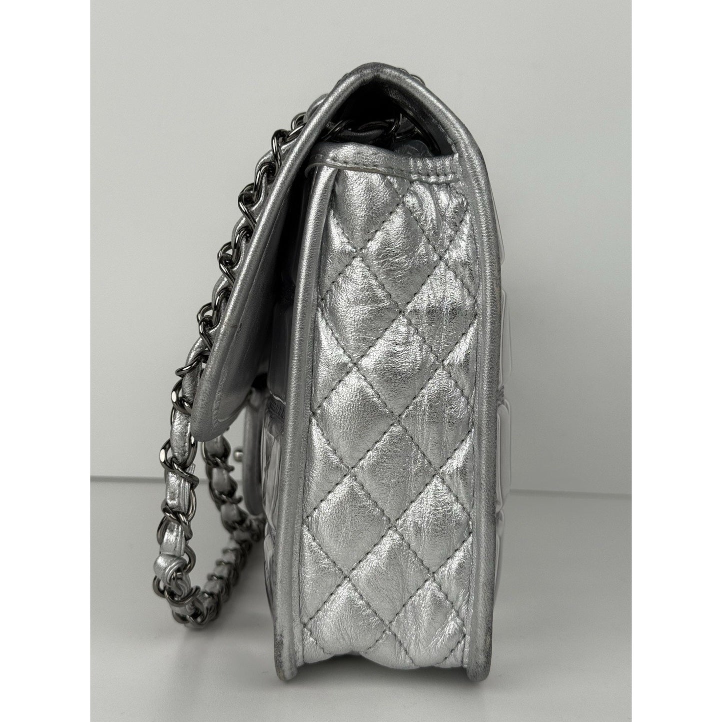 Chanel Classic Flap Ice Cube Chocolate Bar Metallic Silver PVC with Leather Trim