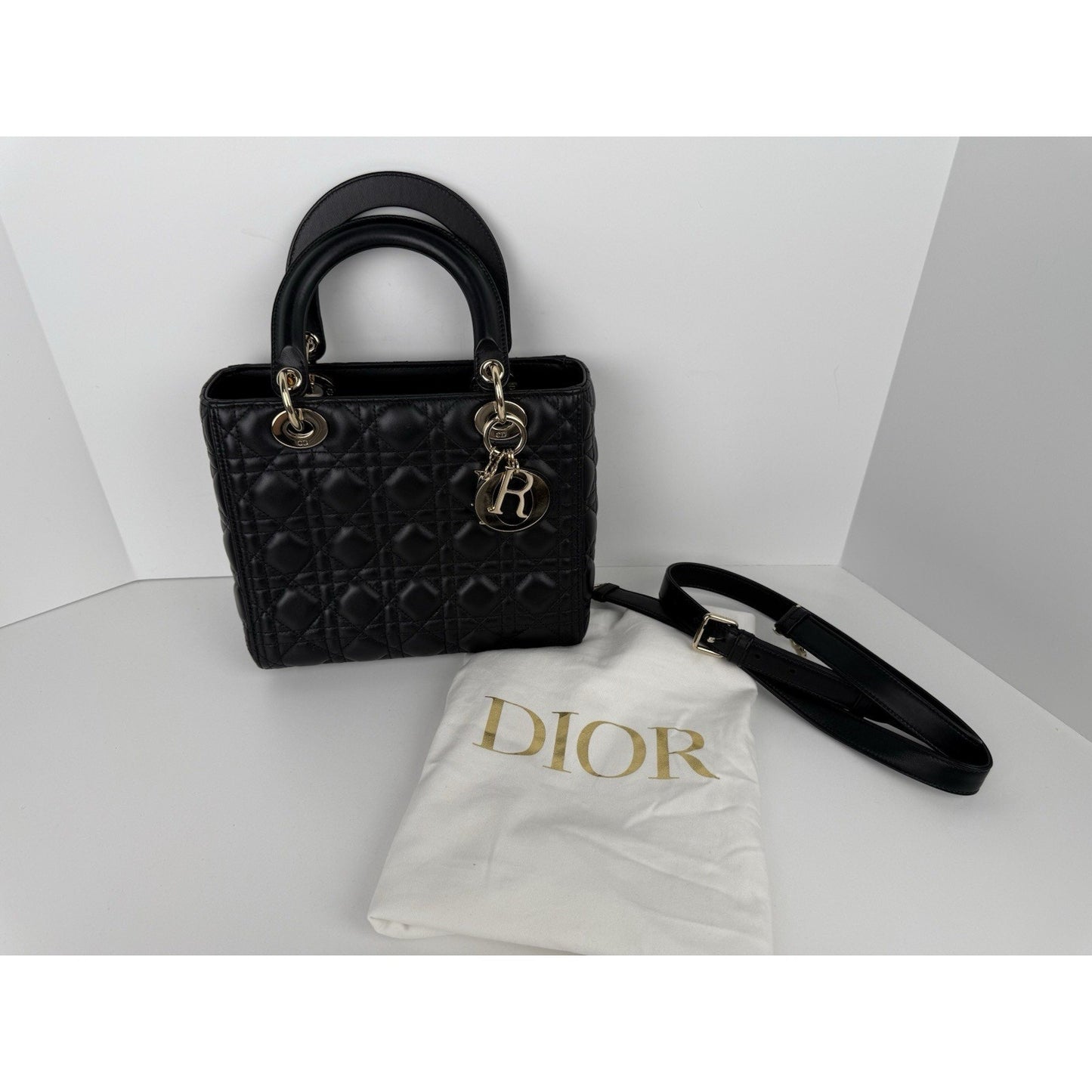 Dior Lady Medium Tote Shoulder Bag Black Leather