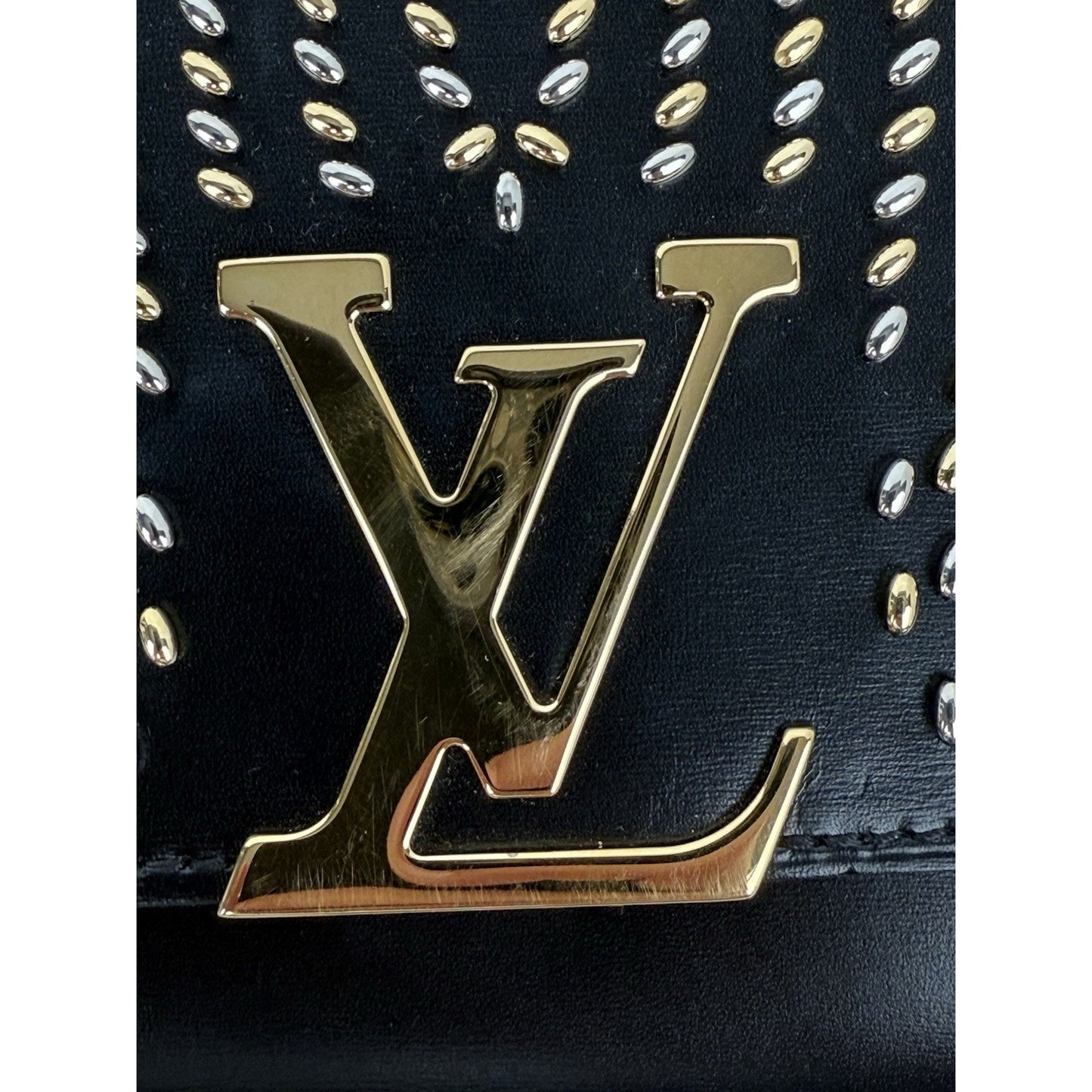 LOUIS VUITTON Black Calfskin Fleur De Lys Pochette Studded Chain Louise