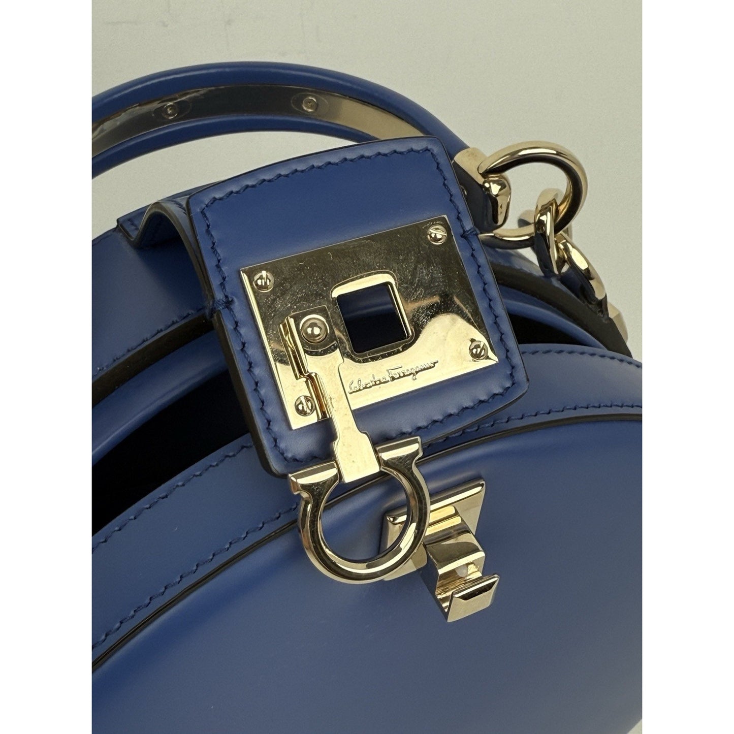 Salvatore Ferragamo Studio Round Bag Blue Leather with Gold Hardware