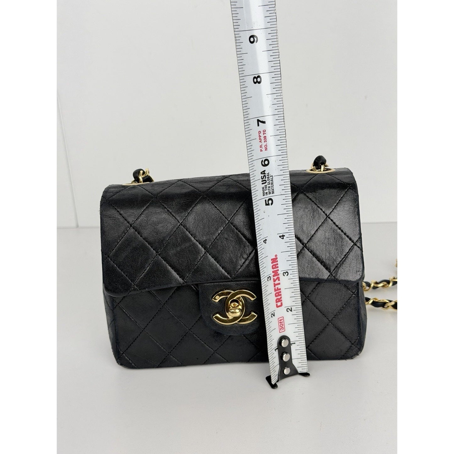 Chanel Vintage Mini Square Classic Flap bag Black Lambskin Leather D1