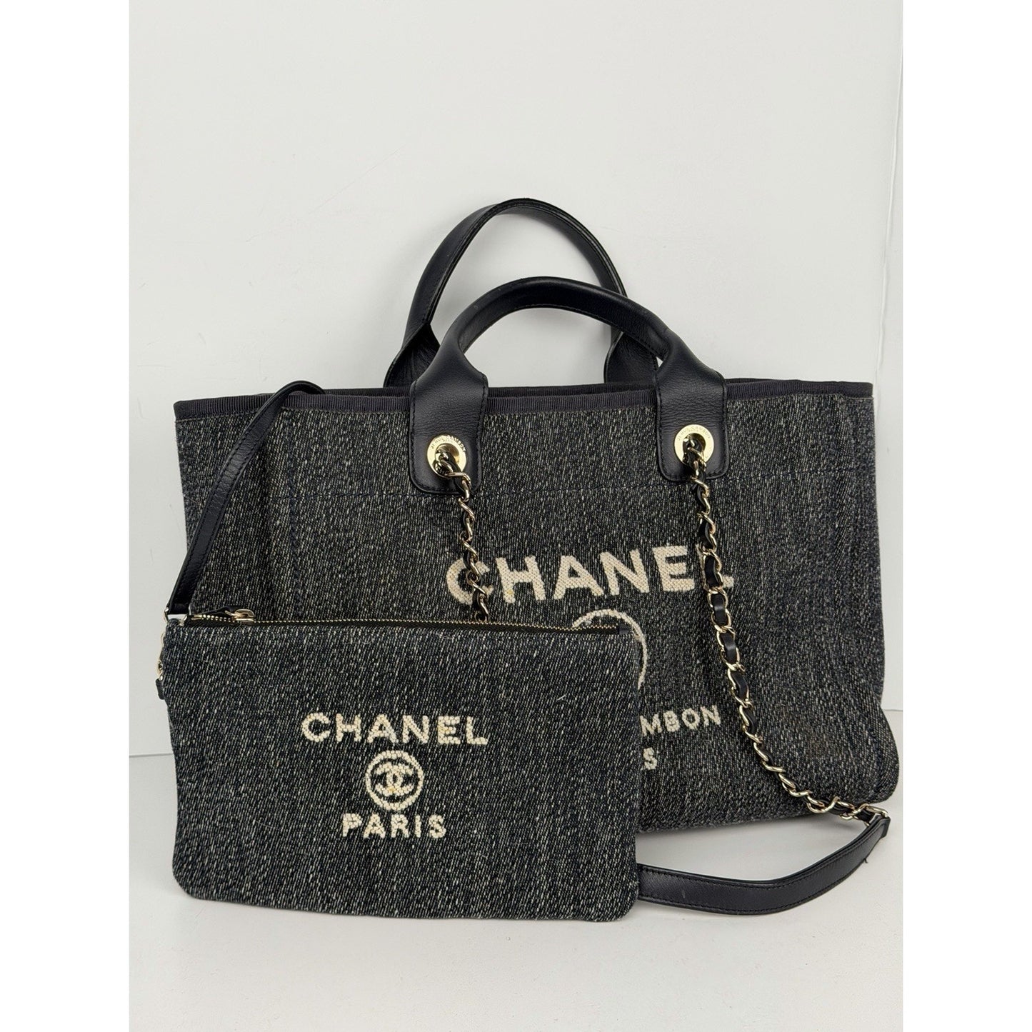Chanel Denim Deauville Tote Small in Blue and White Toile Canvas NFC E4