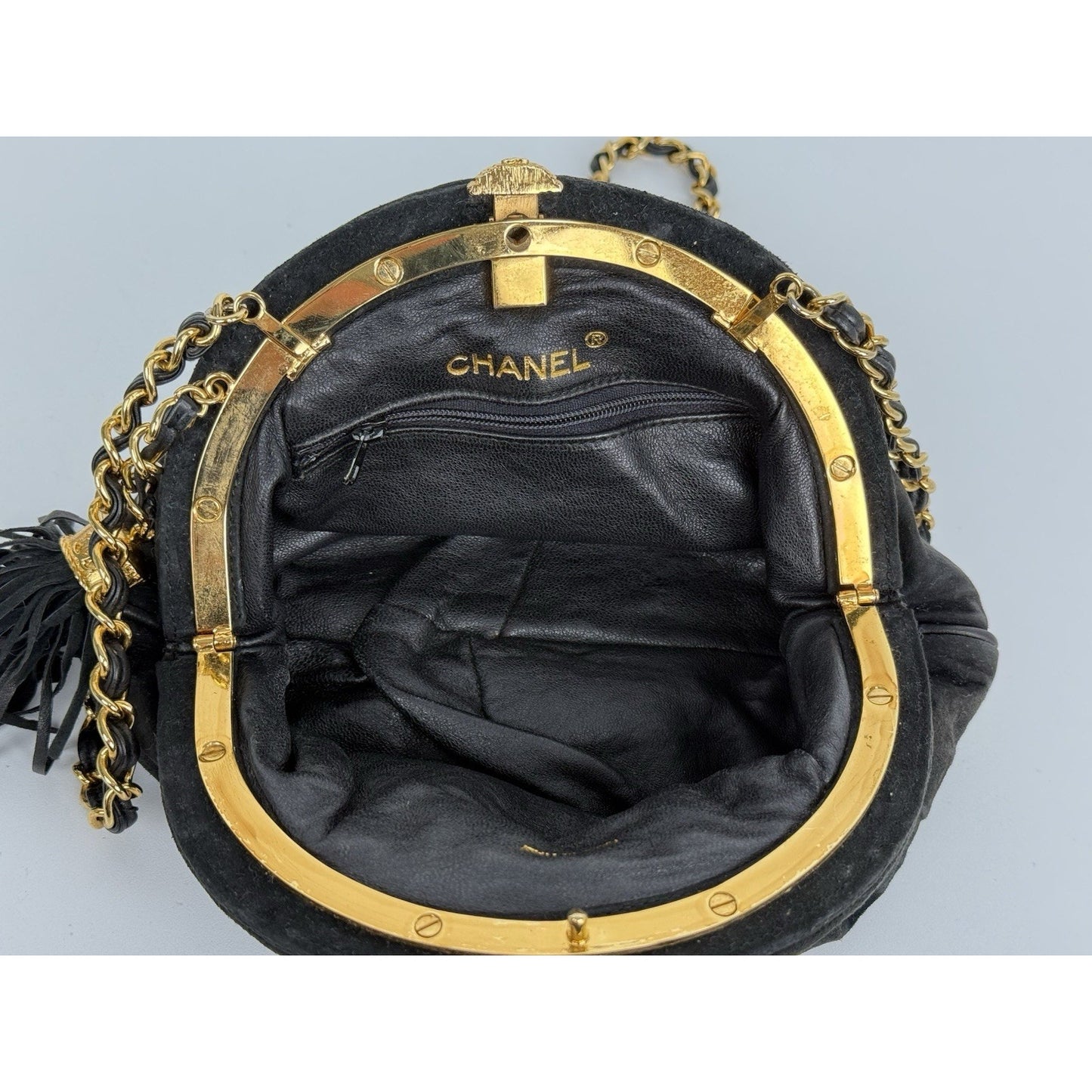 Chanel CC Matelassé Fringe Chain Shoulder Vintage Bag Black with Gold Hardware