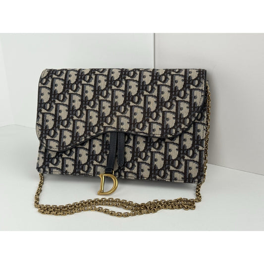 Blue Dior Oblique Jacquard Medium Saddle Pouch with Chain