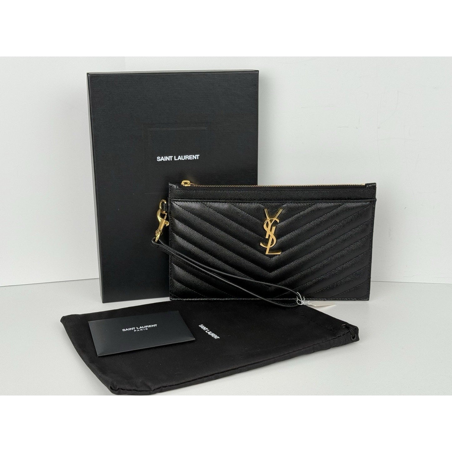 Saint Laurent Quilted Monogram Mini Strap Clutch Black with Gold Hardware