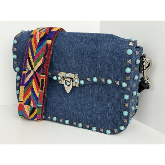 Valentino Rolling Rockstud Denim and Leather Shoulder Bag with Multicolor Strap