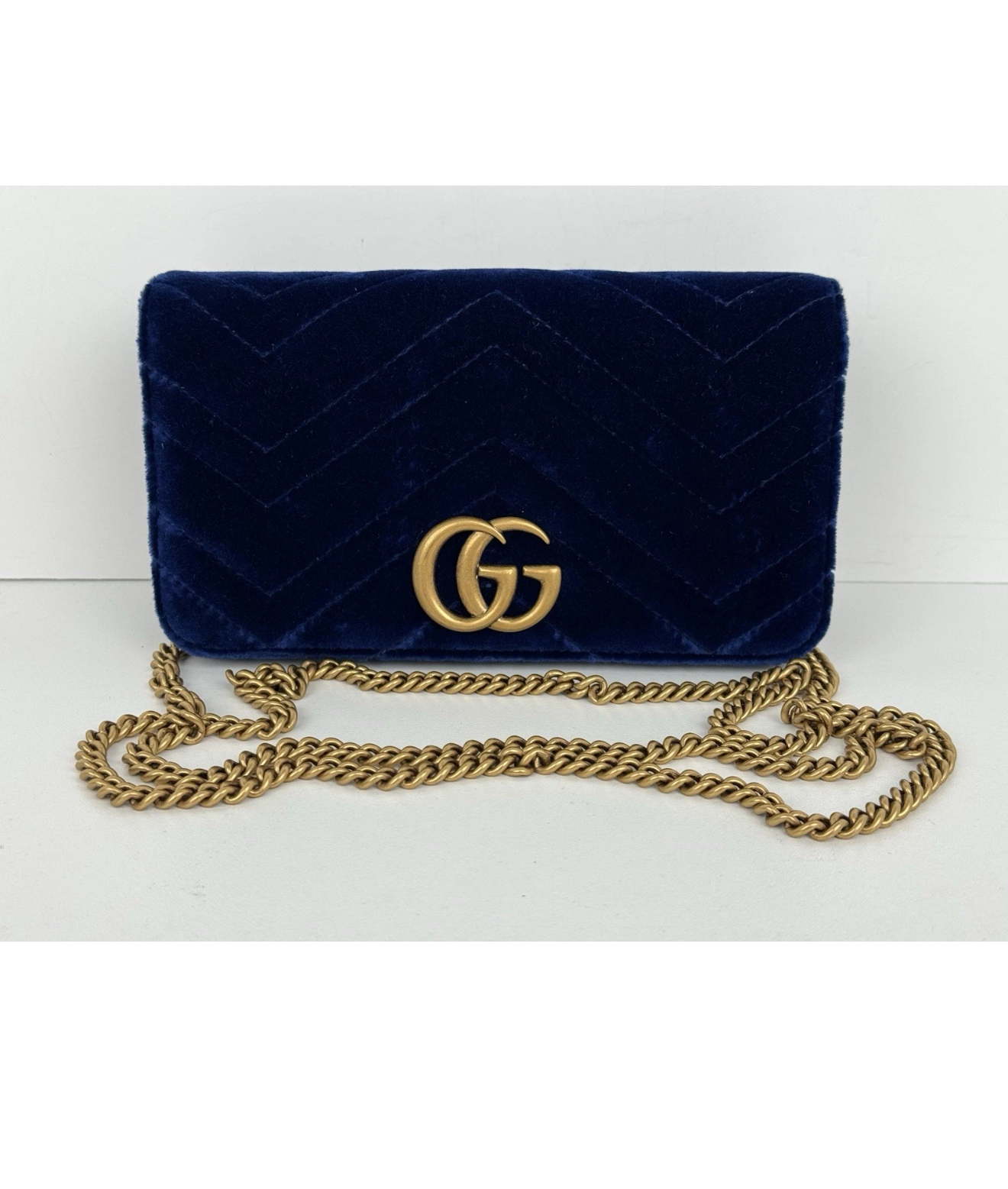 Gucci GG Marmont Blue Velvet Gold-Tone Chain Flap Crossbody Bag
