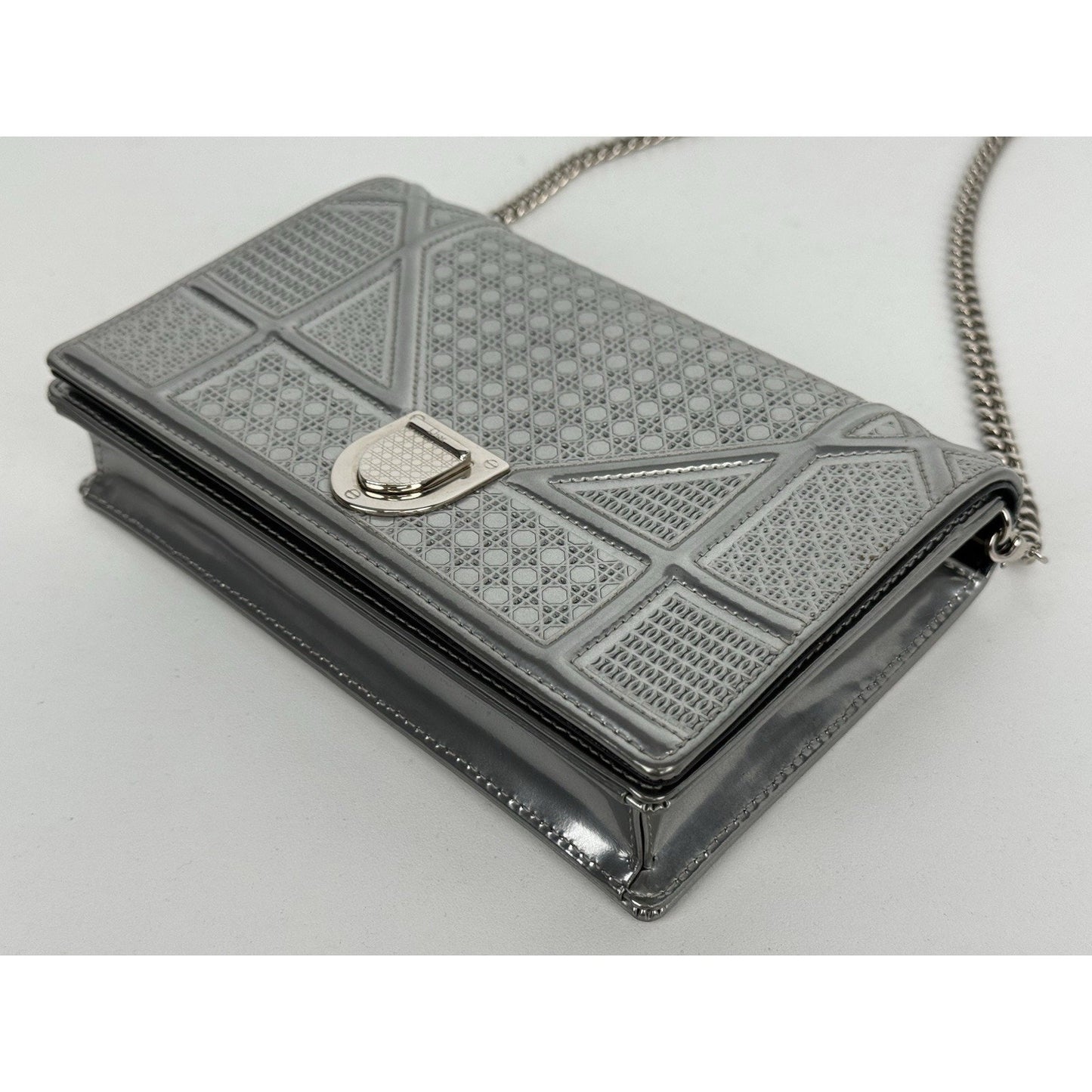 Dior Micro-Cannage Diorama Wallet on Chain Pouch Metallic Silver Patent Leather