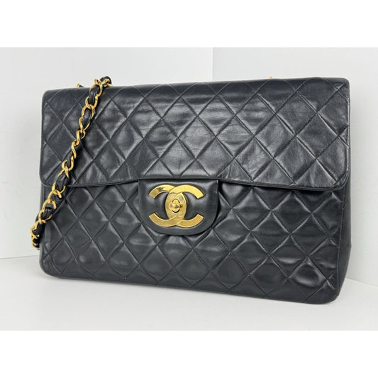 Chanel Vintage Maxi Single Flap Bag Black Lambskin Leather B-6
