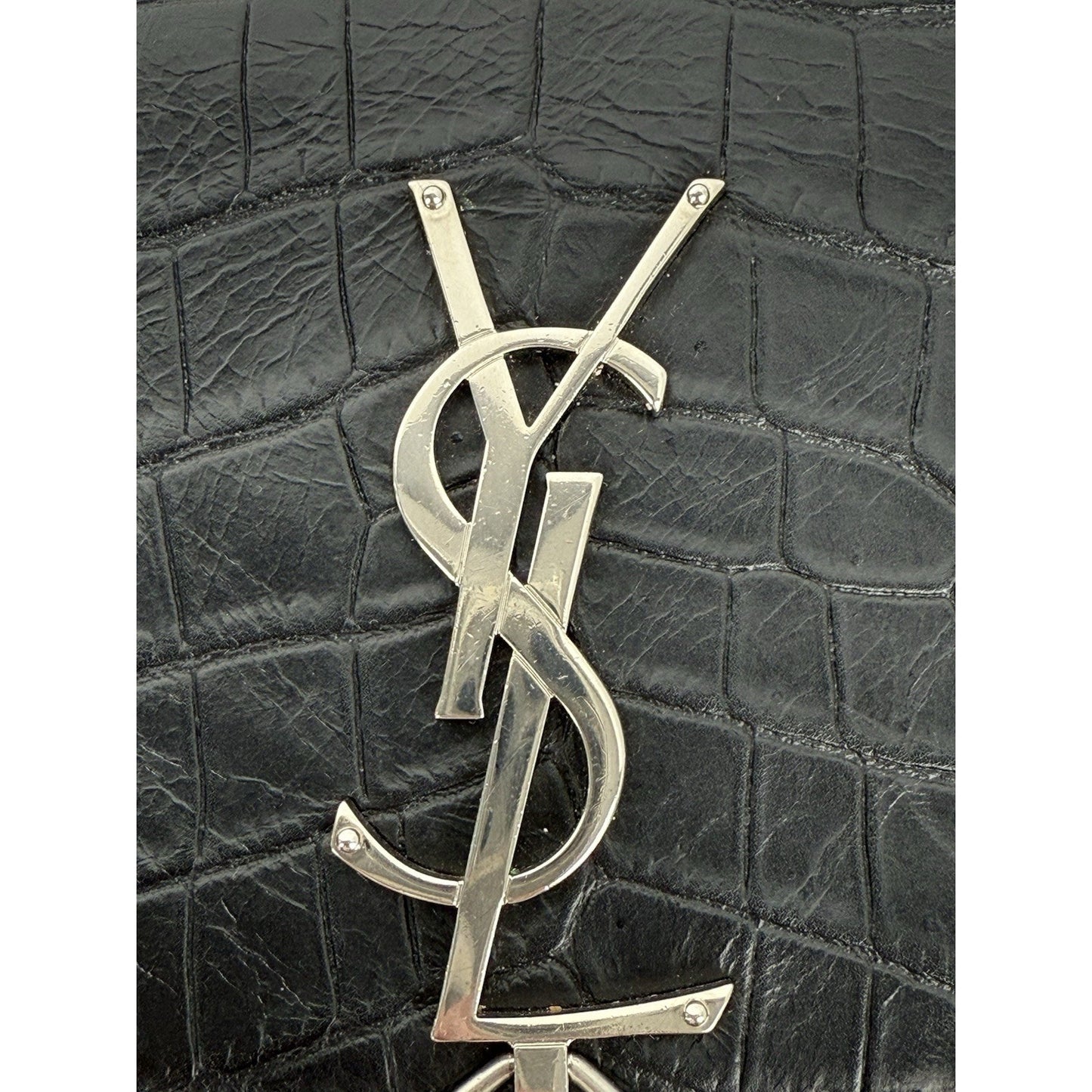 SAINT LAURENT Calfskin Crocodile Embossed Medium Kate Tassel Crossbody Black