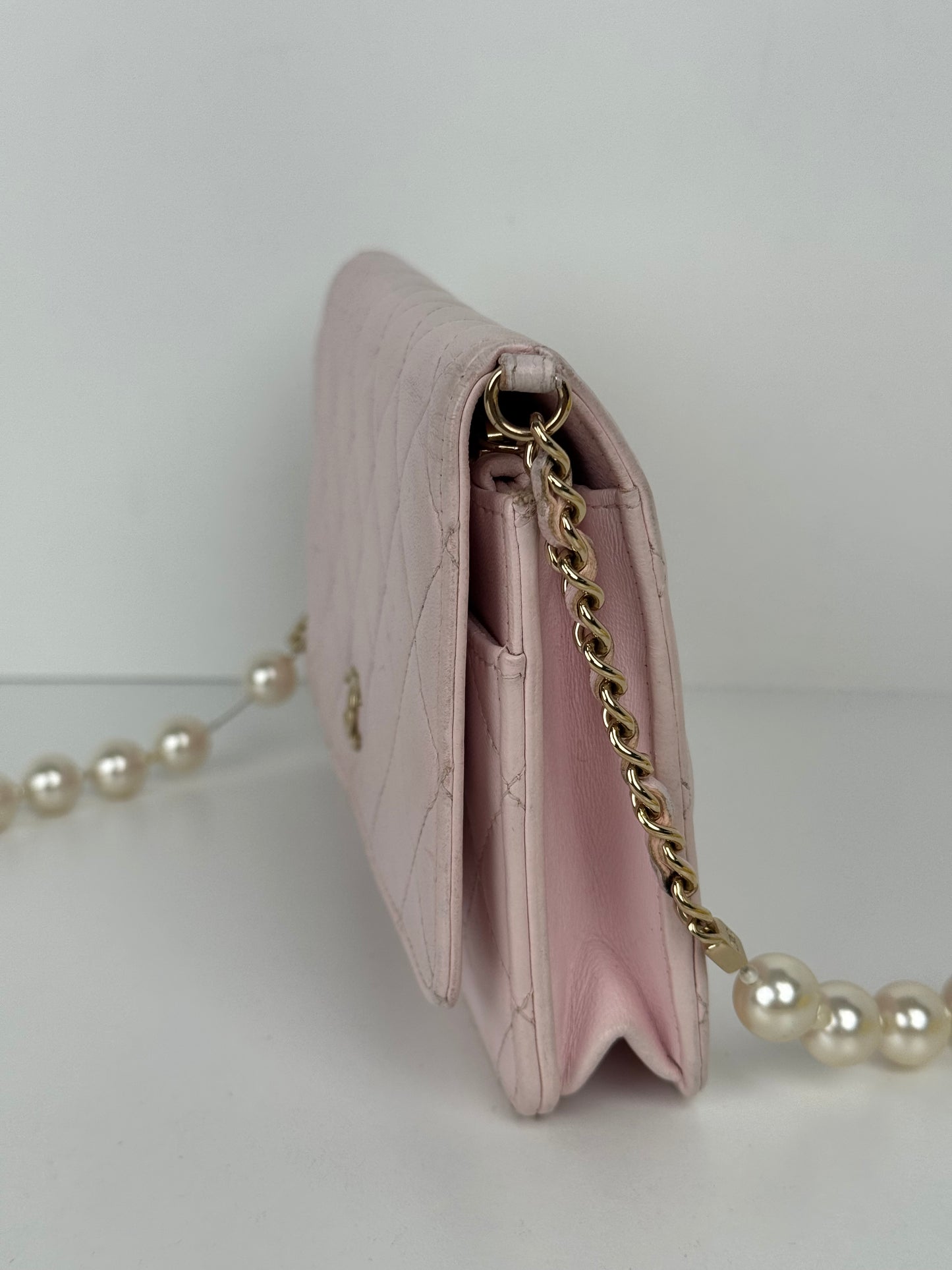 Chanel Pink Quilted Leather Pearl Wallet on Chain With Gold Hardware