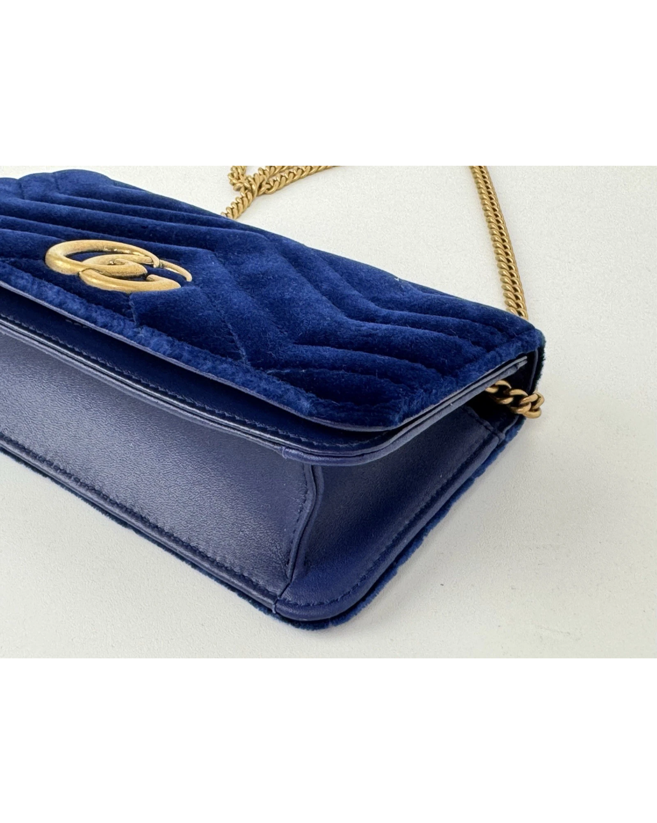 Gucci GG Marmont Blue Velvet Gold-Tone Chain Flap Crossbody Bag