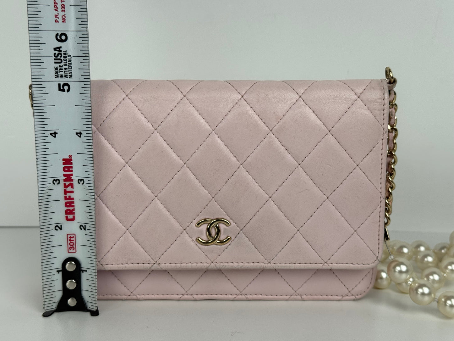 Chanel Pink Quilted Leather Pearl Wallet on Chain With Gold Hardware