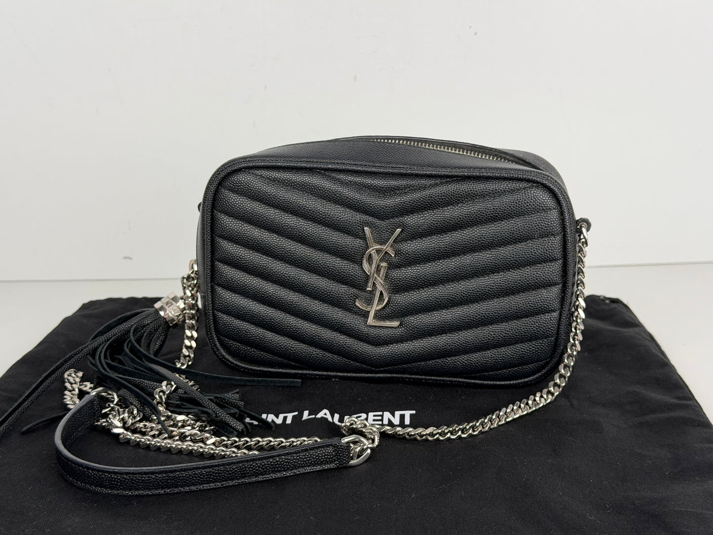 Saint Laurent Lou Camera Bag Mini in Black Quilted Grain De Poudre Leather YS-10
