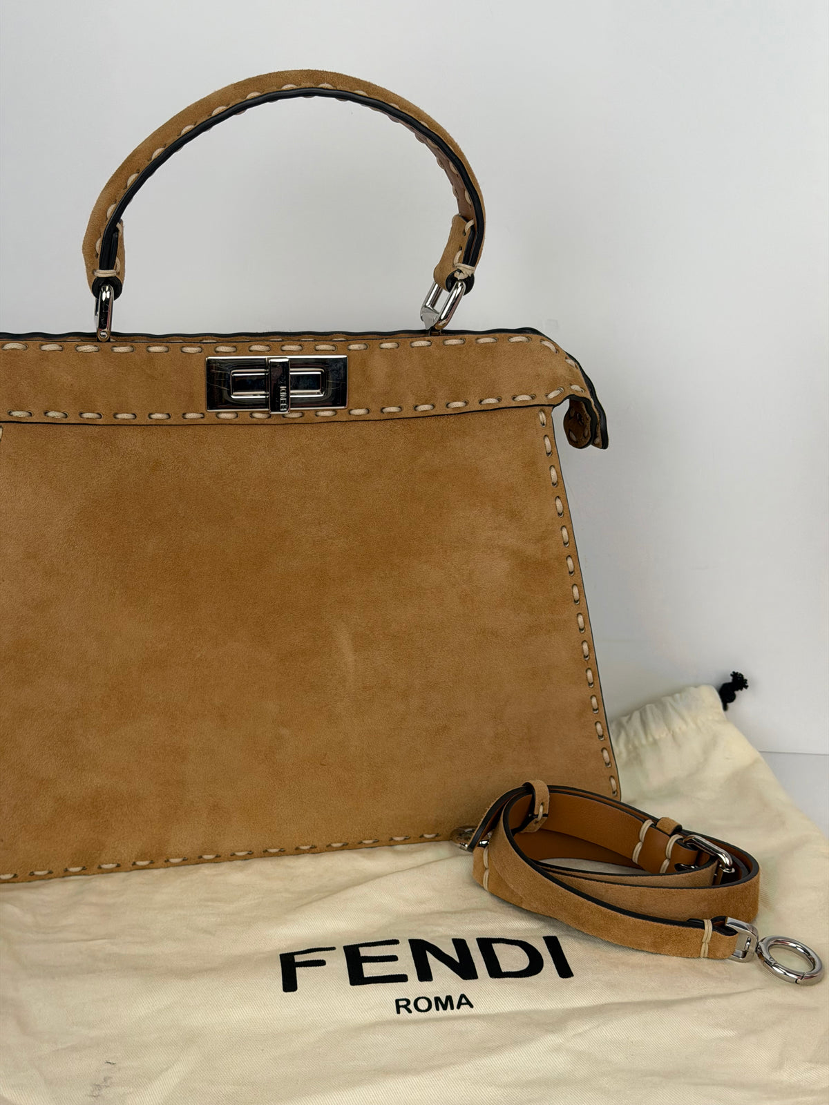 Fendi Peekaboo Macro Stitchings Top Handle Bag Medium in Brown Suede YB7