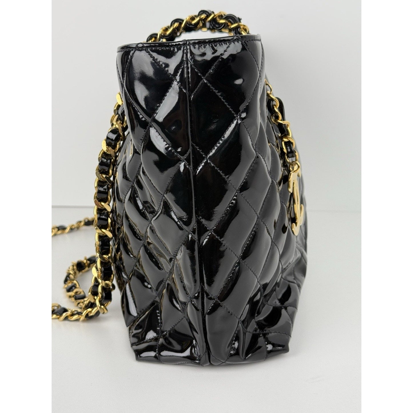 CHANEL Vintage CC Charm Quilted Patent Leather Tote Bag