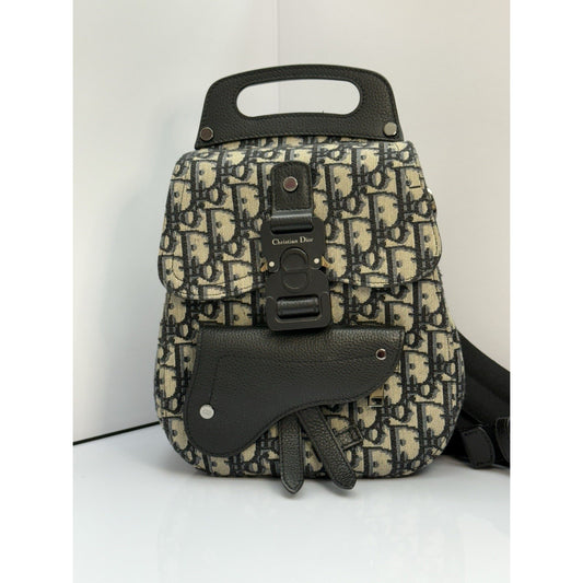 CHRISTIAN DIOR Oblique Jacquard Mini Saddle Backpack in Navy Blue