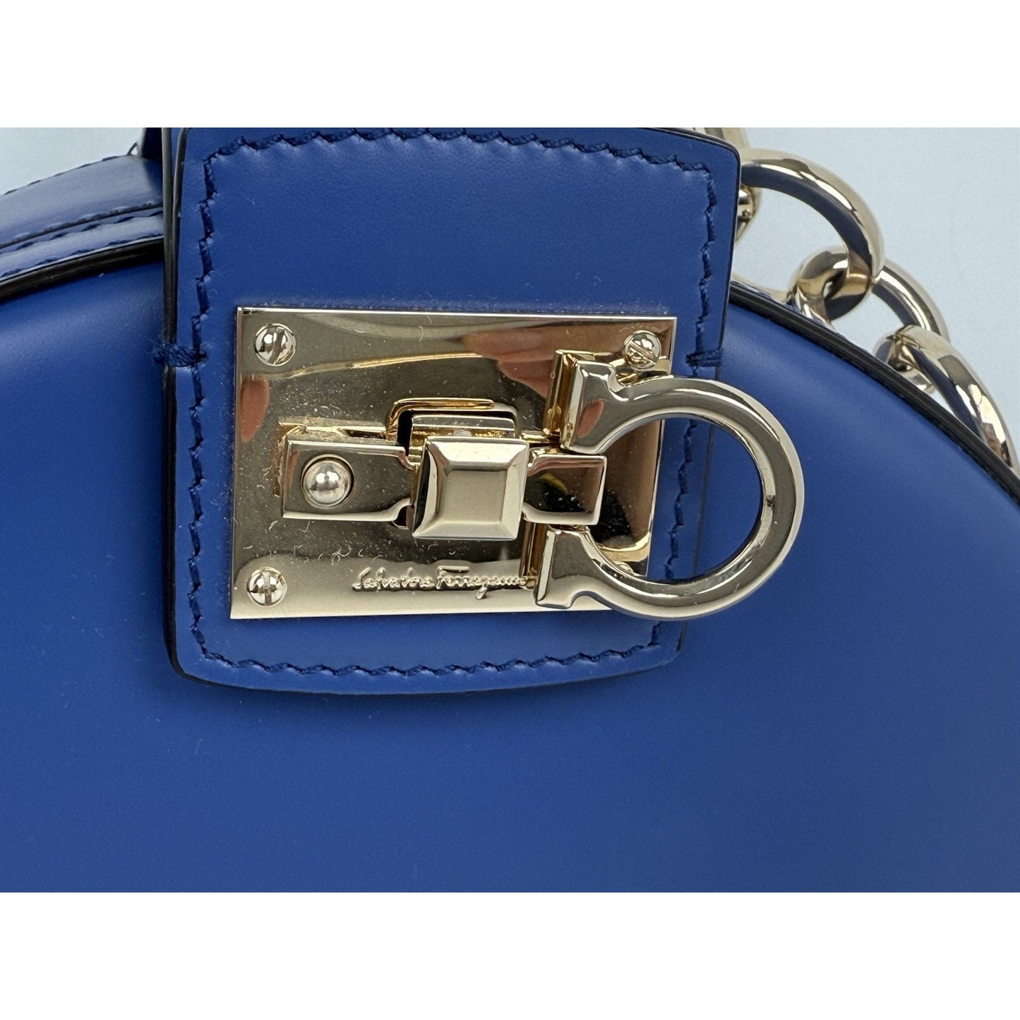 Salvatore Ferragamo Studio Round Bag Blue Leather with Gold Hardware