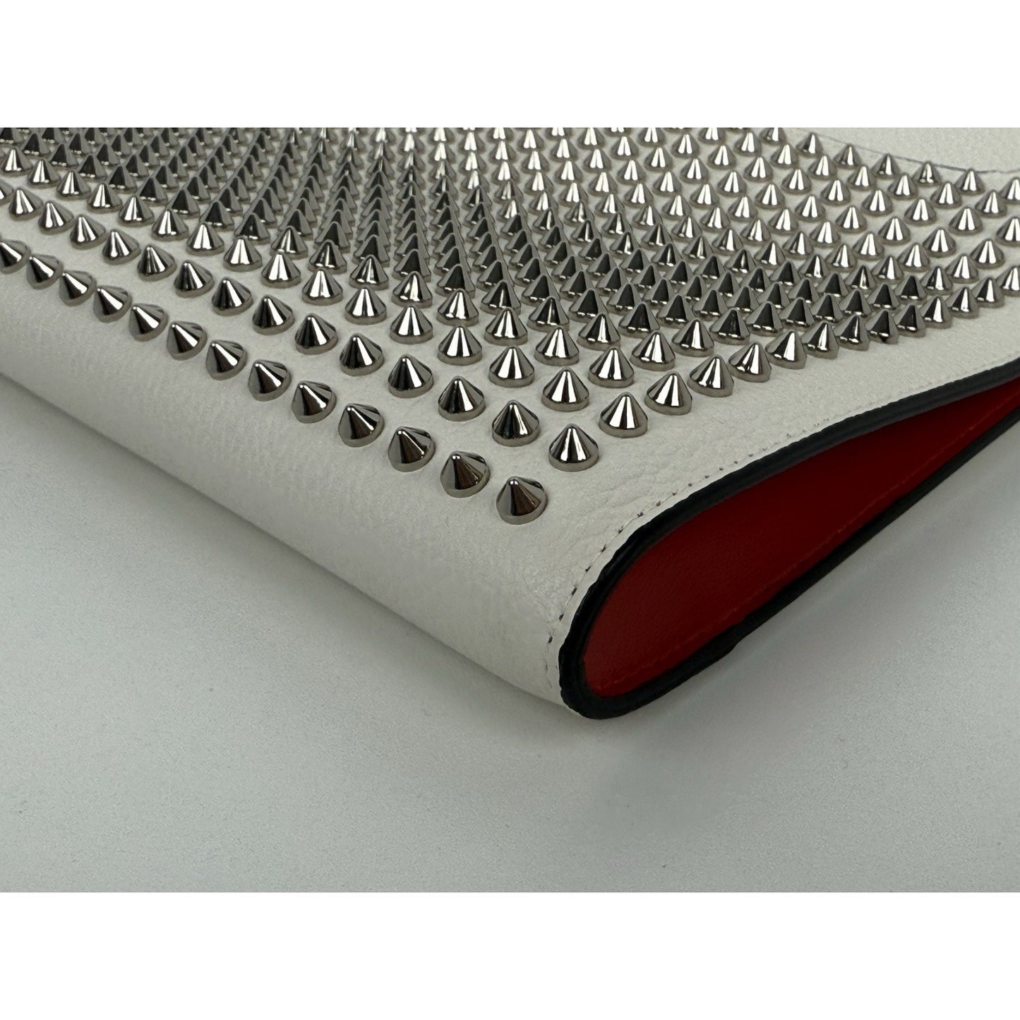Christian Louboutin White Sky Pouch Clutch with Spike Studs and Silver Hardware