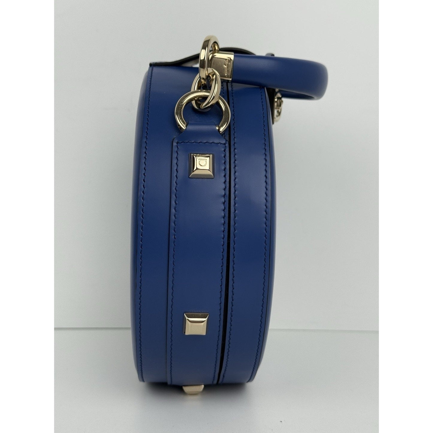 Salvatore Ferragamo Studio Round Bag Blue Leather with Gold Hardware