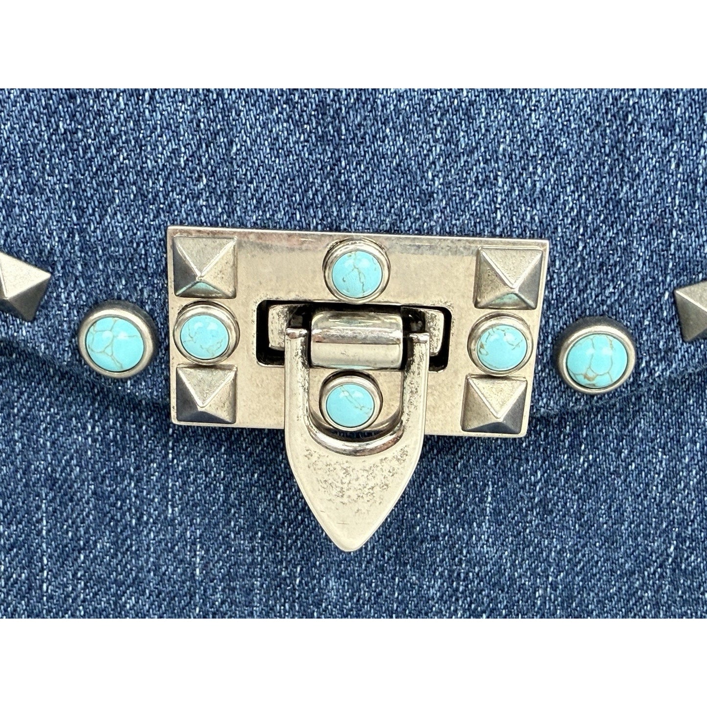 Valentino Rolling Rockstud Denim and Leather Shoulder Bag with Multicolor Strap