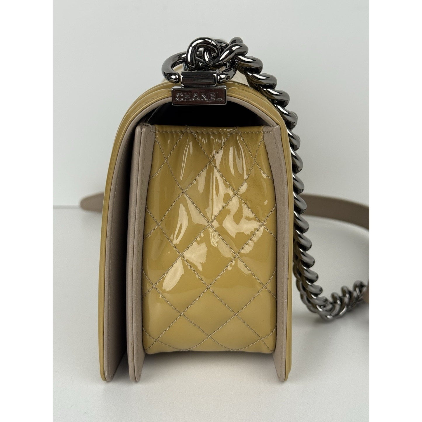 Chanel Boy Medium Chevron & Quilted Mustard Patent Leather Shoulder Bag