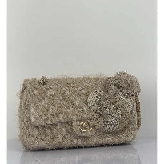 CHANEL Taupe Linen Quilted Camelia Straw Jute Raffia Medium Flap Shoulder Bag