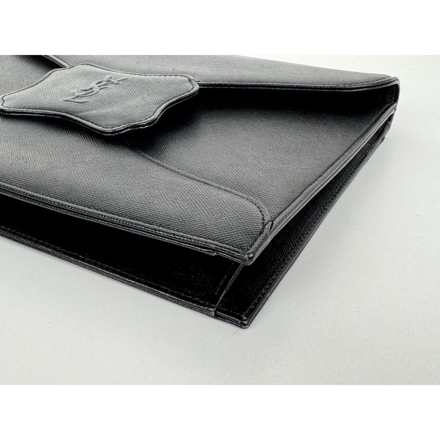 Yves Saint Laurent YSL Black Textured Leather Gold-Tone Flap Clutch Bag C-5