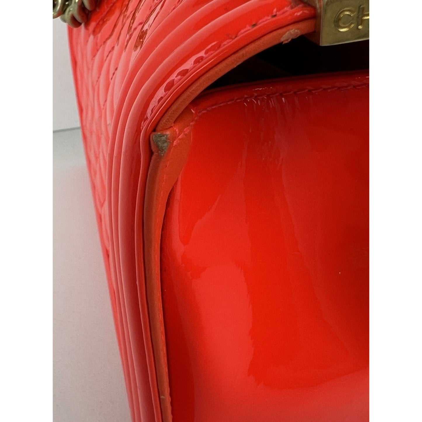 CHANEL Patent Quilted Medium Boy Flap Orange Shoulder Bag (2015-2016)