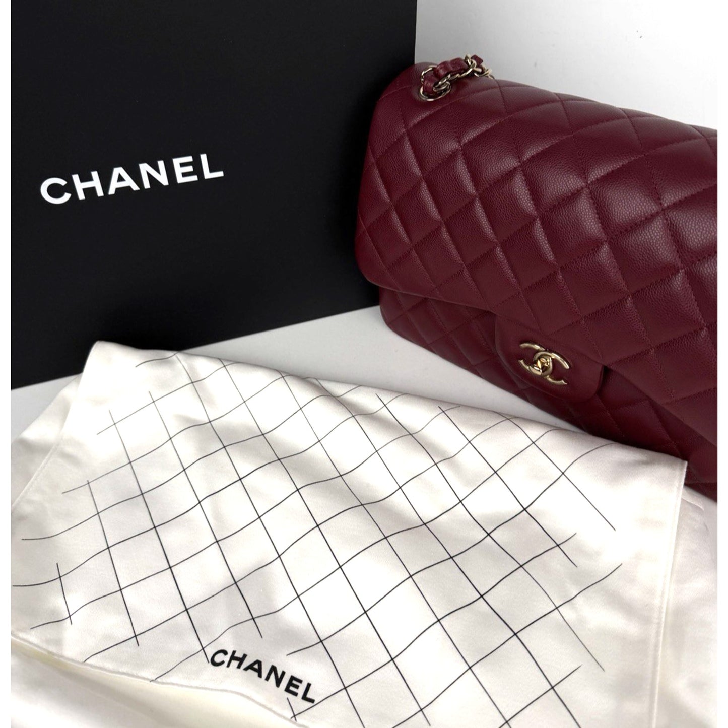 Chanel Classic Double Flap Jumbo Shoulder Bag in Burgundy Caviar Leather NFC E-5