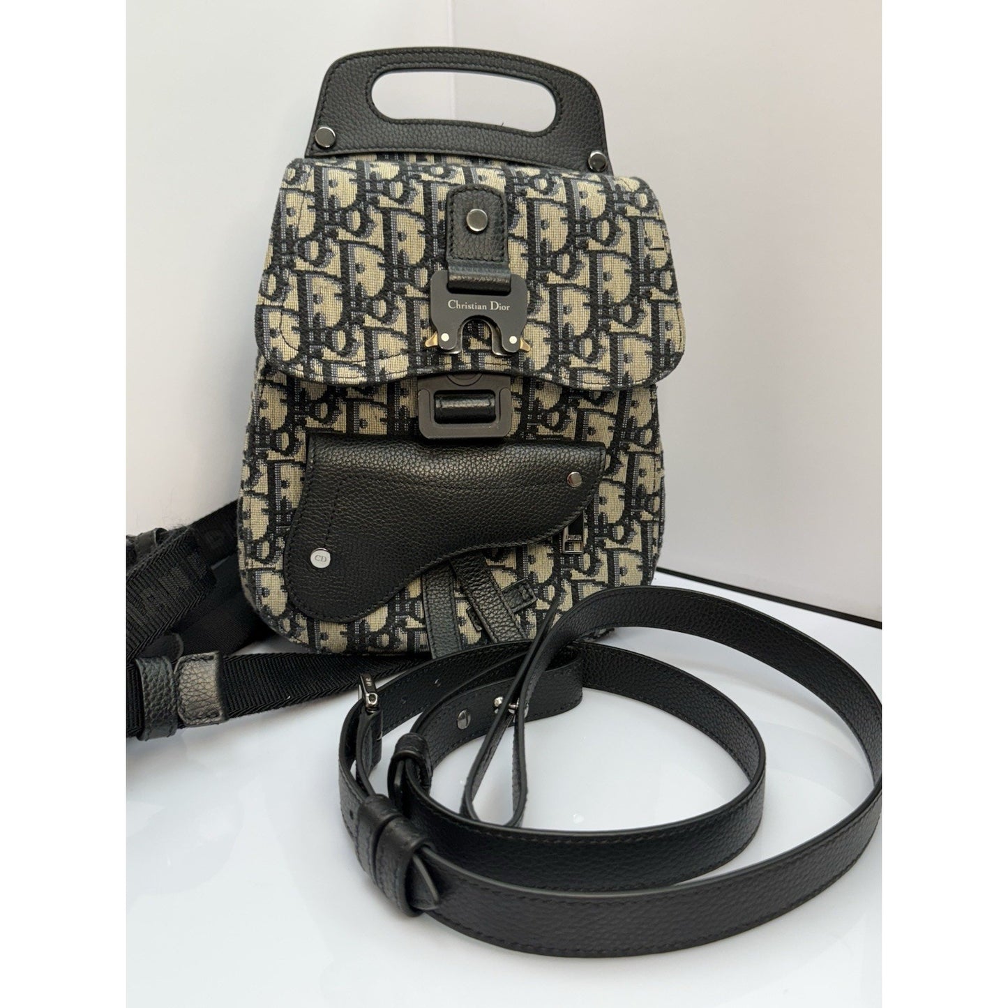 CHRISTIAN DIOR Oblique Jacquard Mini Saddle Backpack in Navy Blue