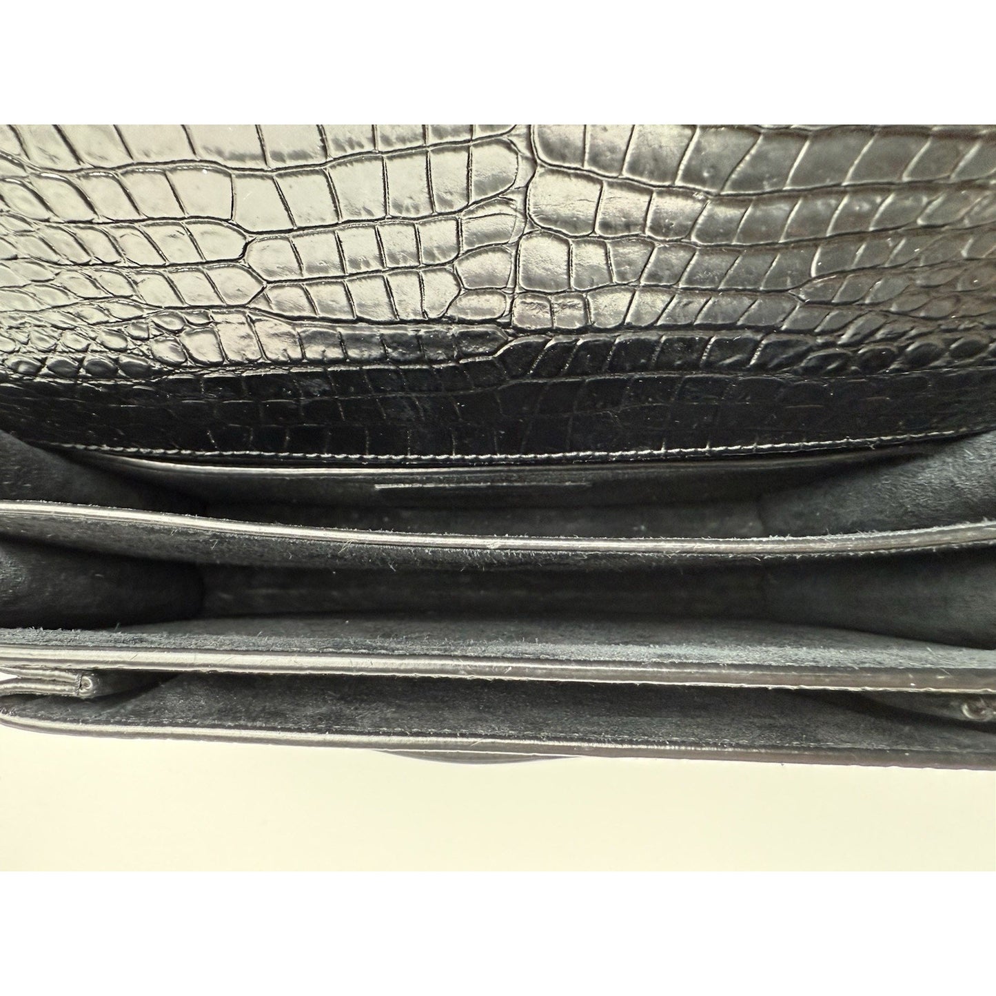 Saint Laurent Sunset Black Shiny Crocodile Embossed Leather Shoulder Bag