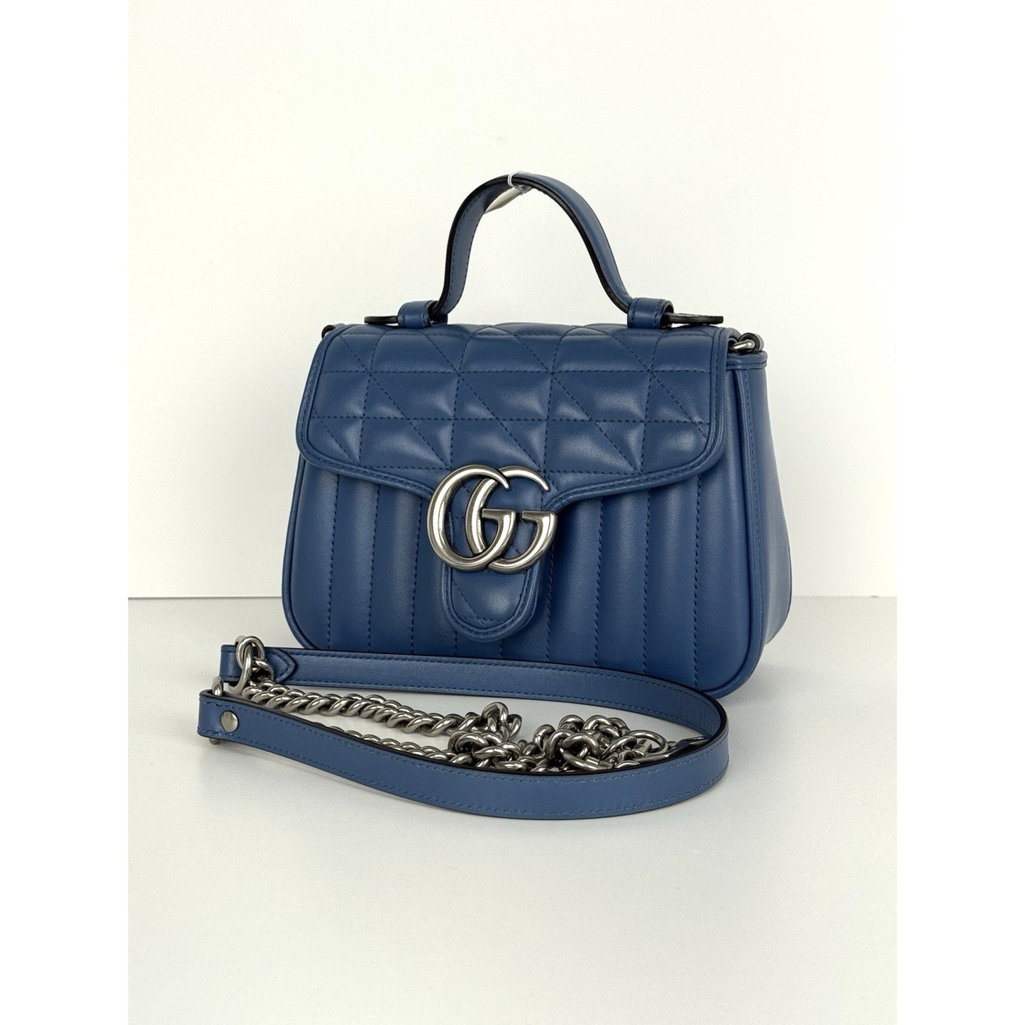 Gucci Double G Blue Leather Matelasse Aria Marmont Mini Top Handle Women's Bag
