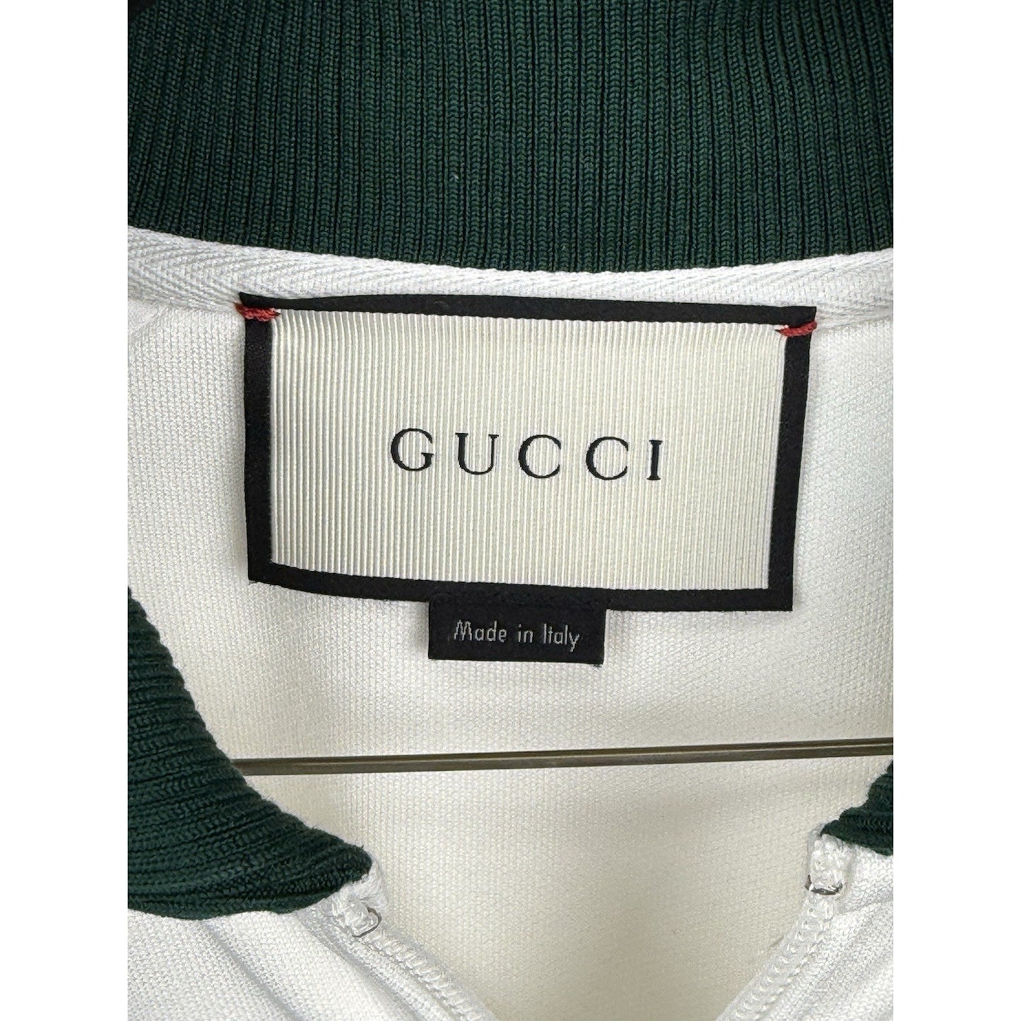 Gucci Men’s White Bomber Jacket with Green and Red Trim, Size S